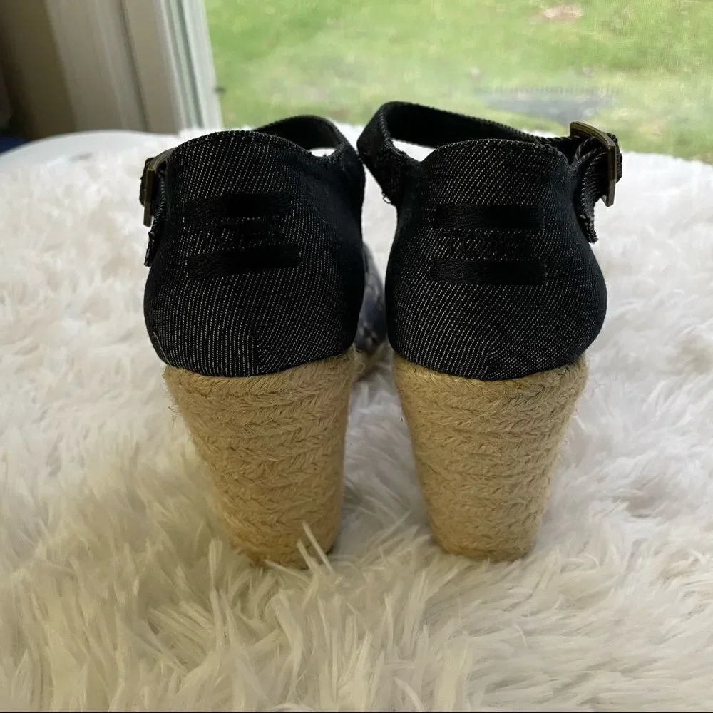 Toms Denim Blue Batik Platform Espadrille Wedge‎ Sienna Sandals Sz 10